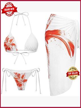 3pc Floral Bikini Set with Wrap Skirt Cover Up Triangle Top Push Up